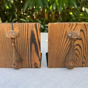 Vintage Cat Charicature Wood Bookends
